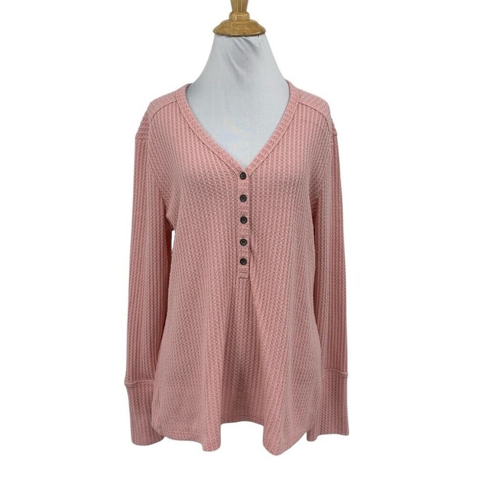 Caslon Shirt Womens L Large Pink Henley High Cuff Long Sleeve Waffle Knit V Neck